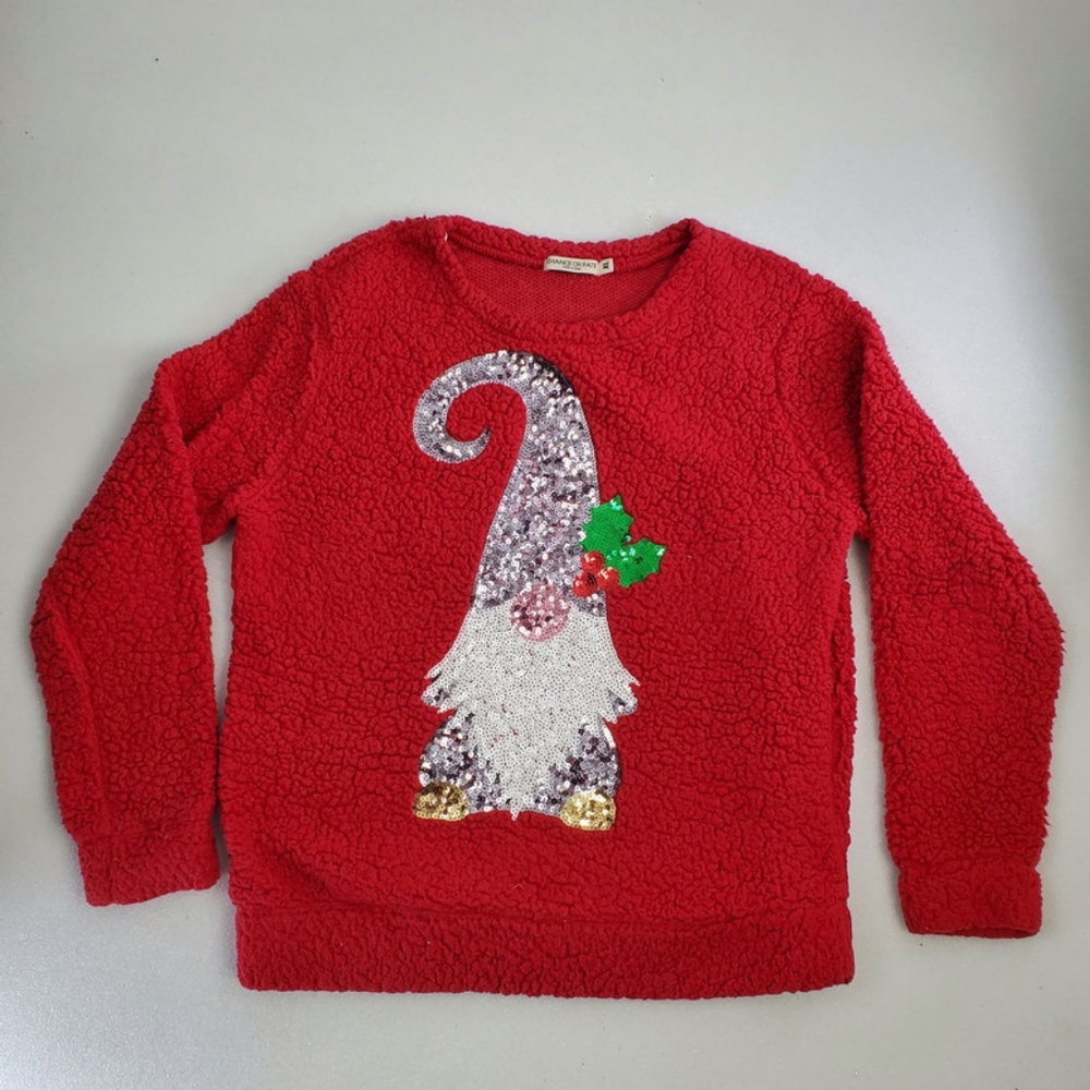 Chance or Fate Womans Sequin Christmas Holiday Gnome Fuzzy Red Pullover Size XL